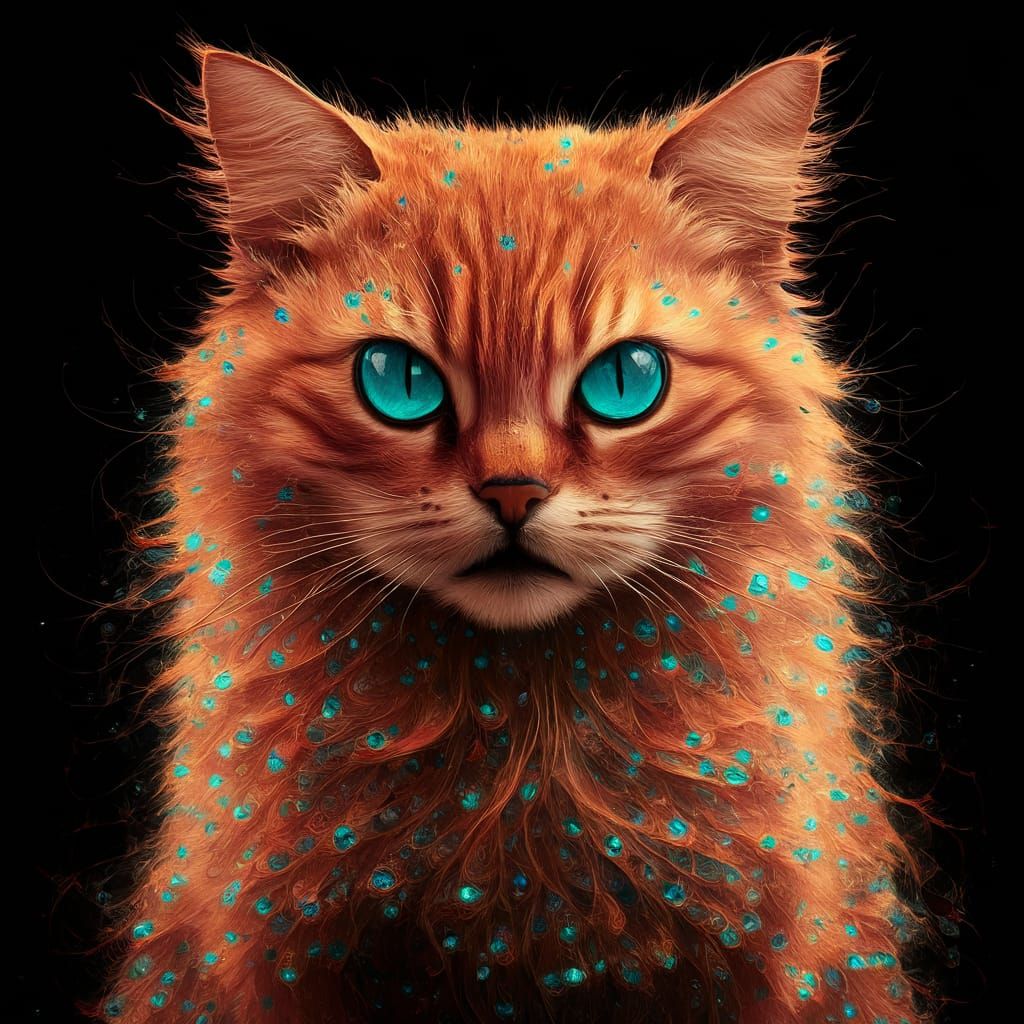 Gemstone Mosaic Cat with Turquoise Eyes in Pointillism Style