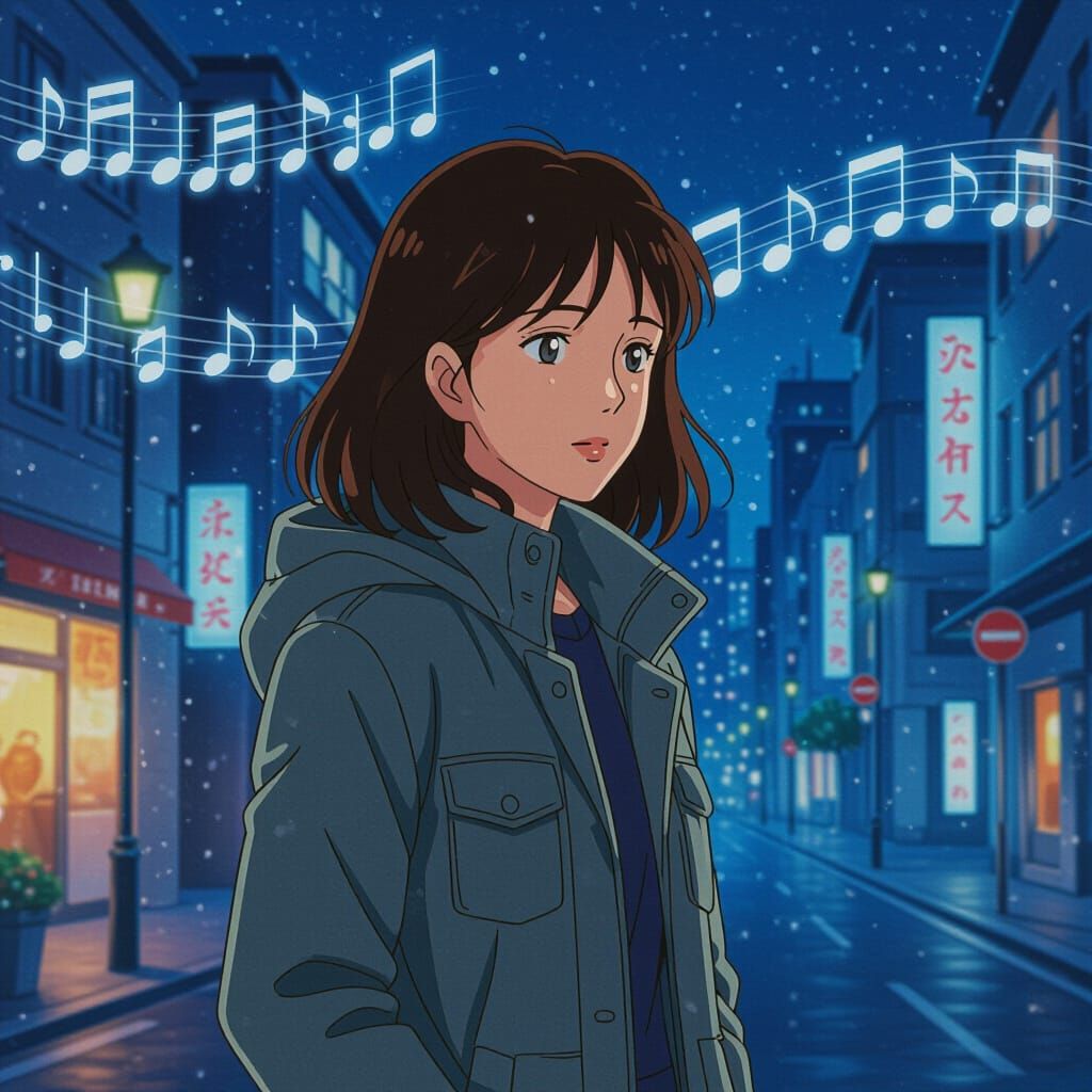 Midnight Nostalgia: Woman in City Street, Anime Style