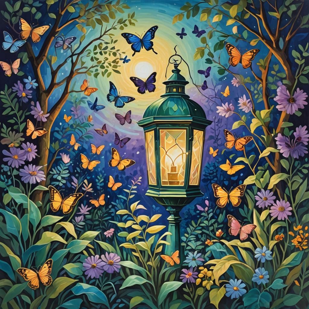 Night Garden Butterflies in Gouache with Impasto Texture