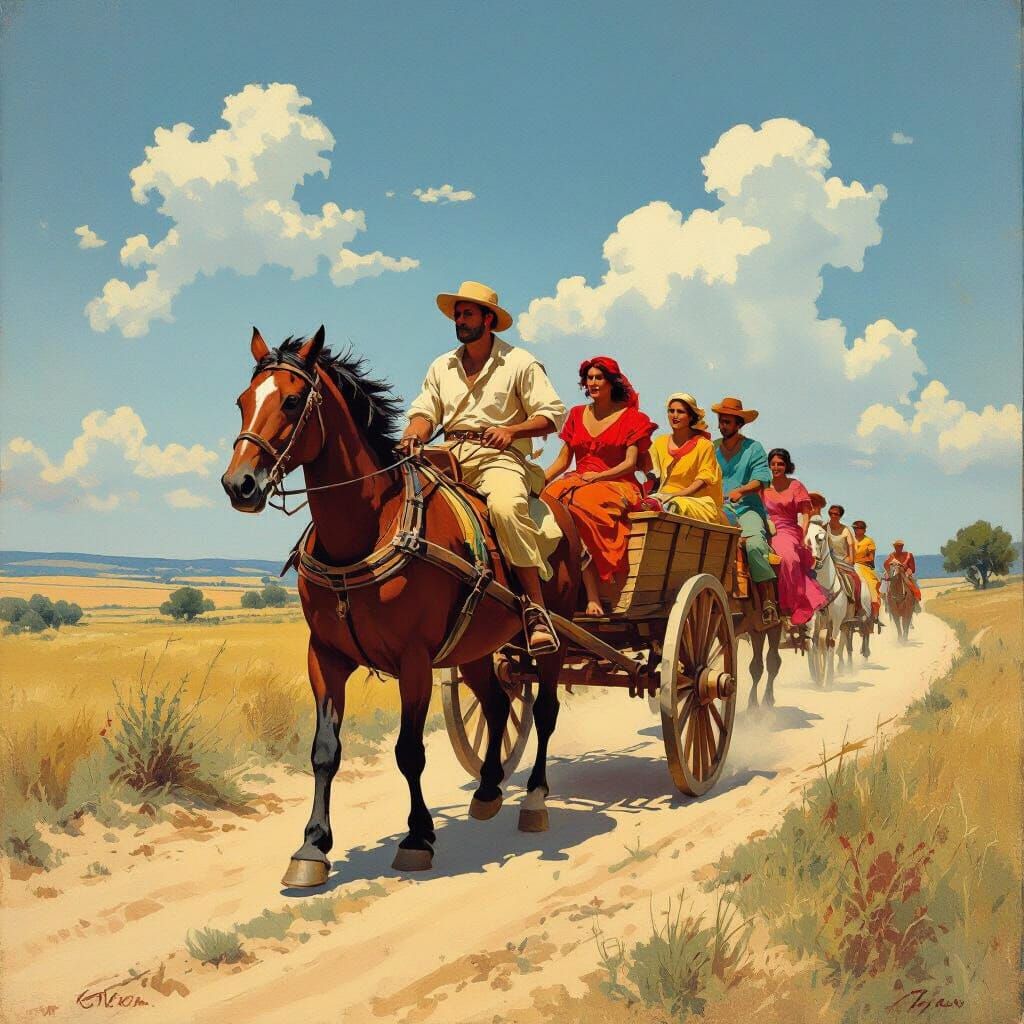 Rustic Chariot Race on Dusty Trail in Vibrant Style