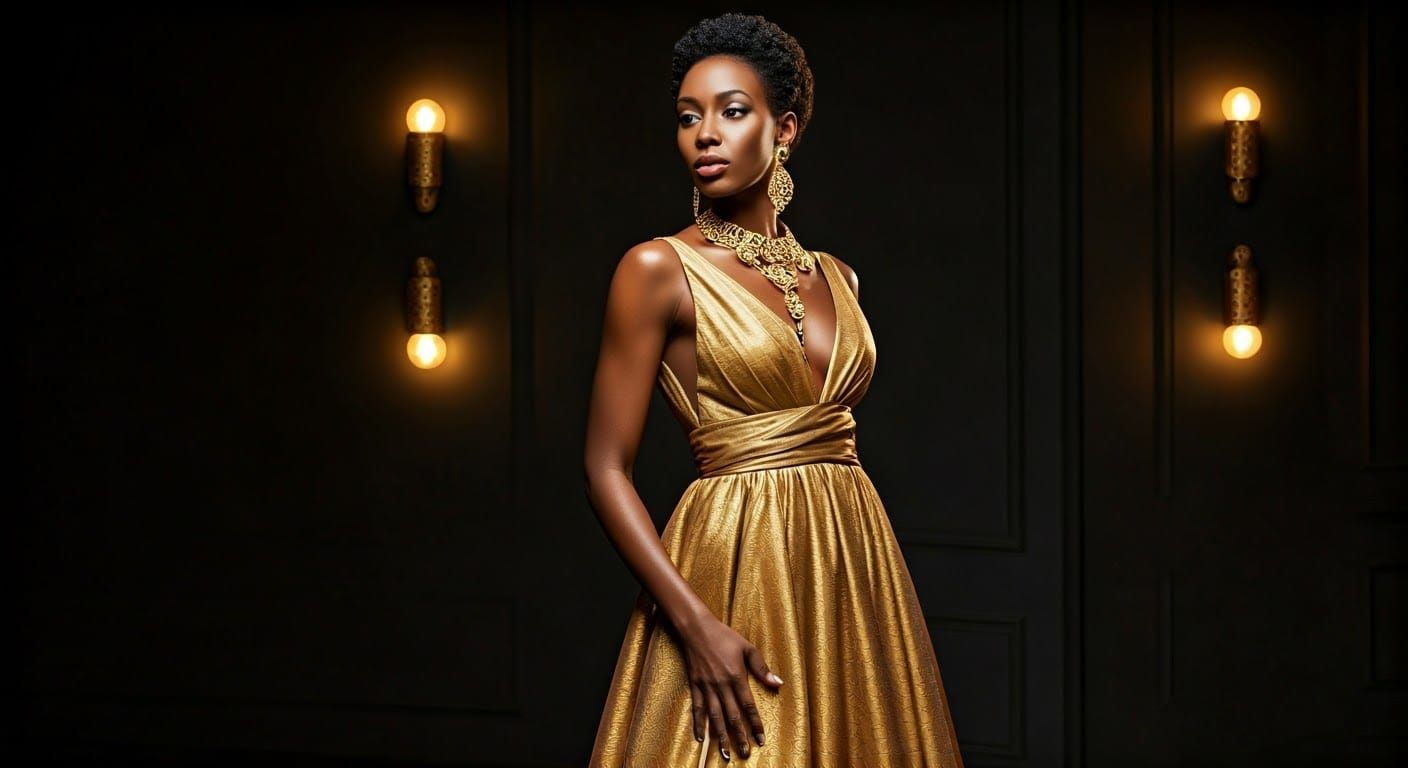 Glamorous African American Woman in Gold Gown
