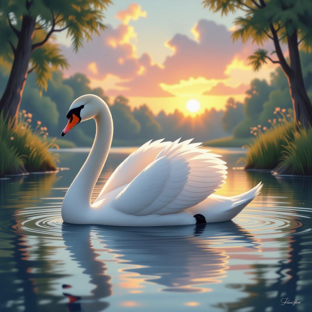 White Swan Gliding at Sunset: Audubon-Inspired Art