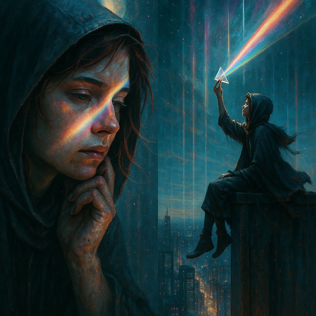 Magical Sci-Fi Woman with Prism on Skyscraper
