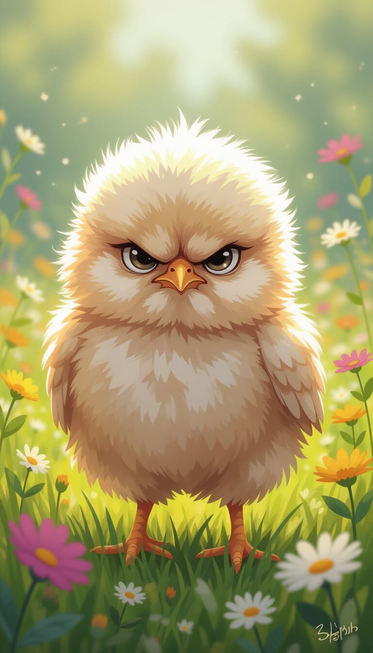 Grumpy Chick in Wildflower Meadow: Digital Illustration