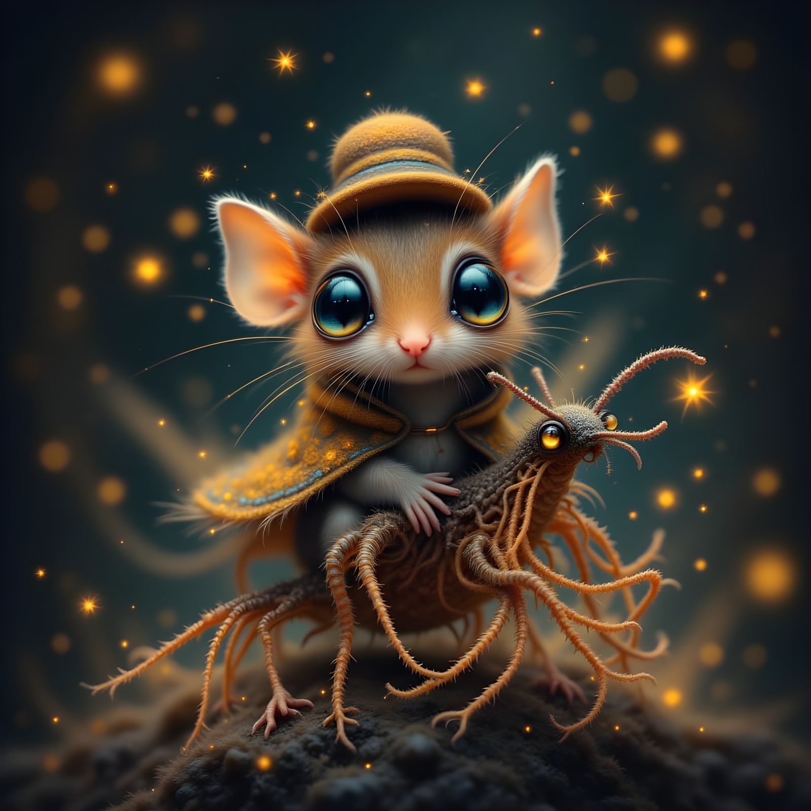 Cute Baby Mouse Rides Spiny Moth with Big Eyes