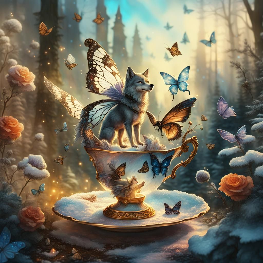 Winter Fairy and Wolf in Snowy Landscape