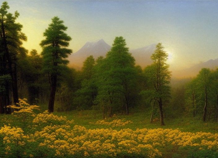 Sunrise Over Forest of Yellow Shrubs, Matte Painting