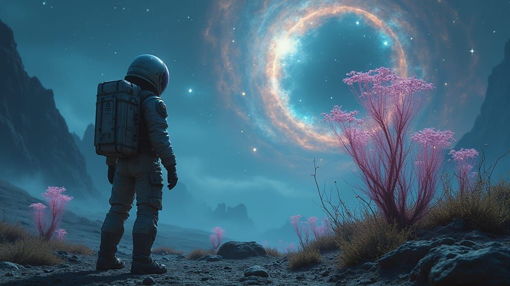 Astronaut Gazing Up at Cosmic Nebula in Hyperrealistic Alien...