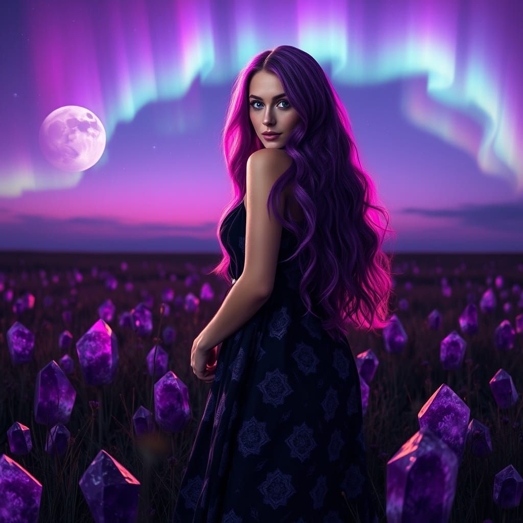 Purple Moon Goddess in a Twinkling Amethyst Meadow