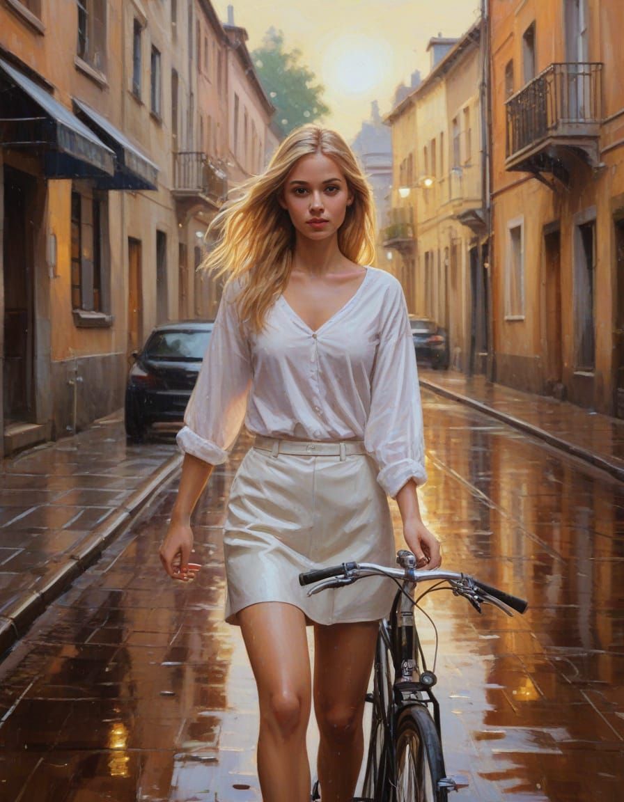 Girl with Bicycle in Rainy Alley, Impressionist