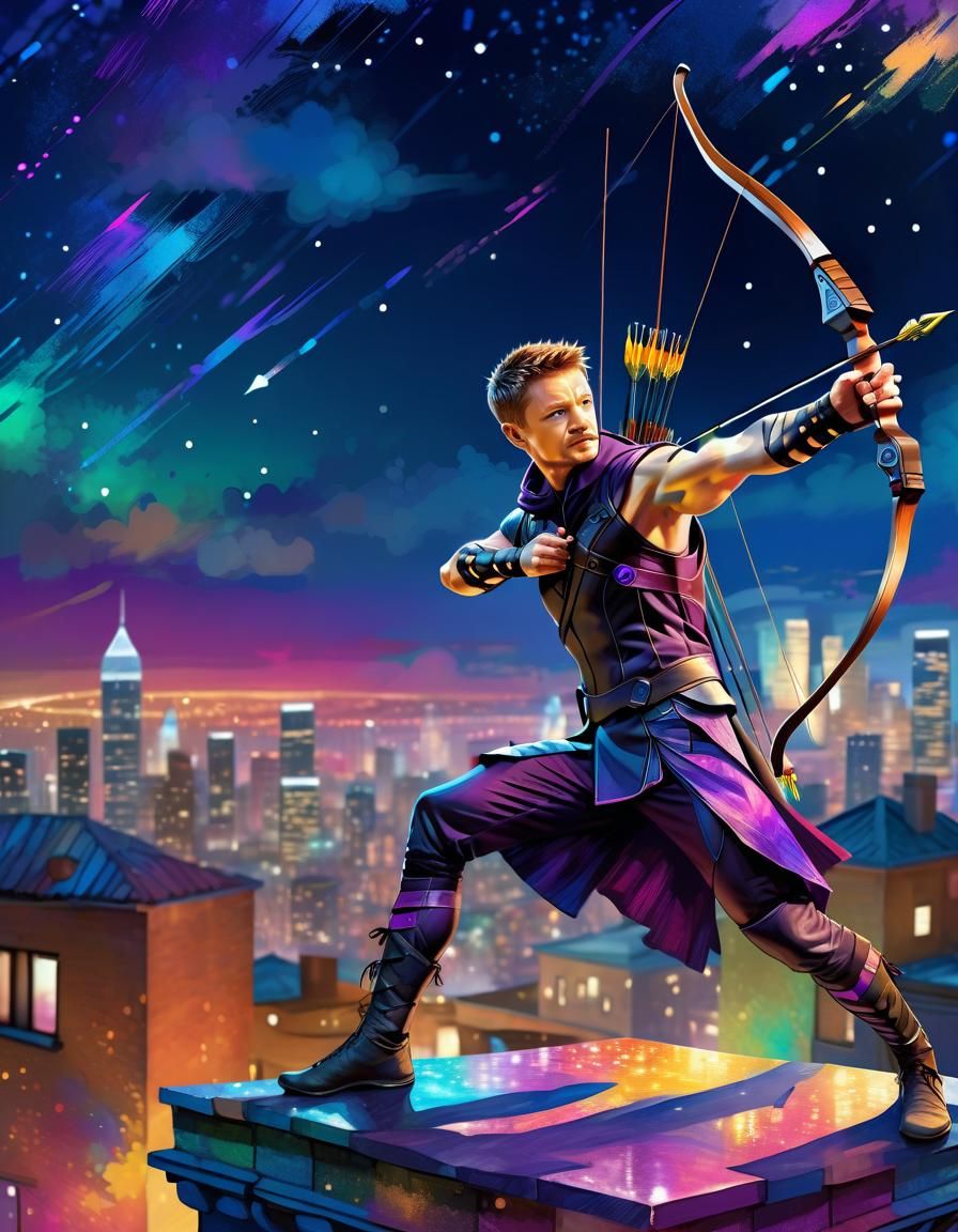 Hawkeye on Rooftop in Vaporwave Watercolor Style