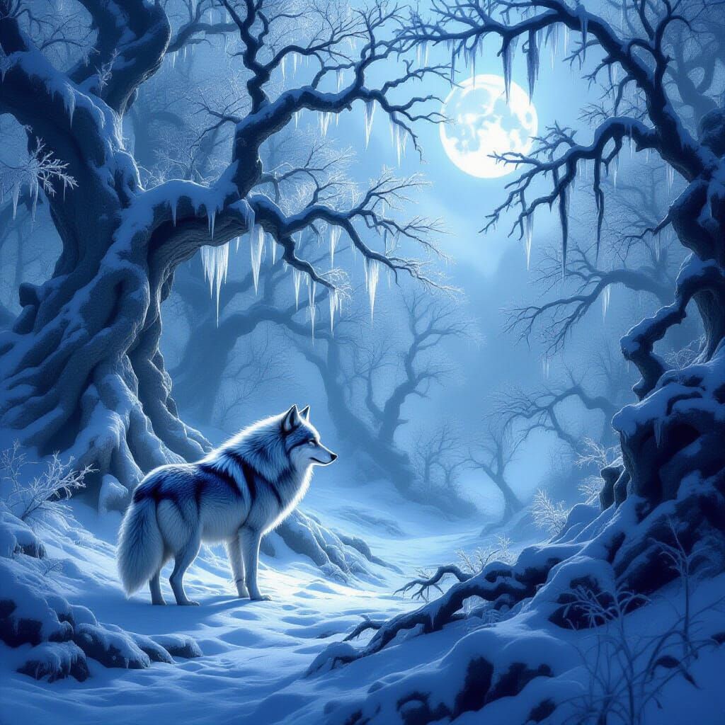 Majestic Wolf in Frosty Forest with Ethereal Glow