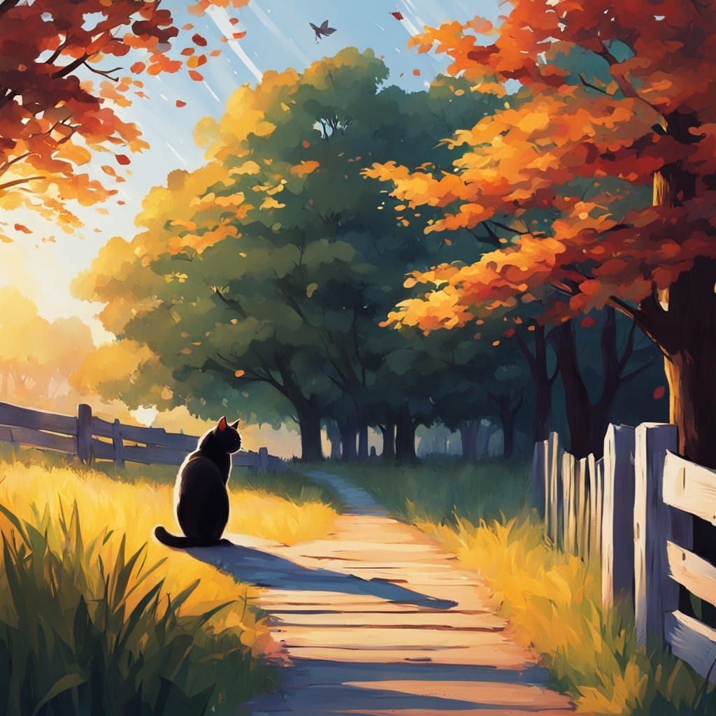 Cat Watches People on a Peaceful, Tree-Lined Road in a Whims...