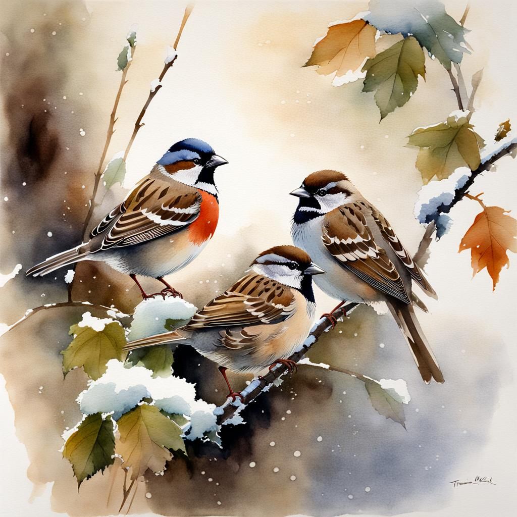 Sparrows Cuddling in Hazel Bush: Watercolor and Ink