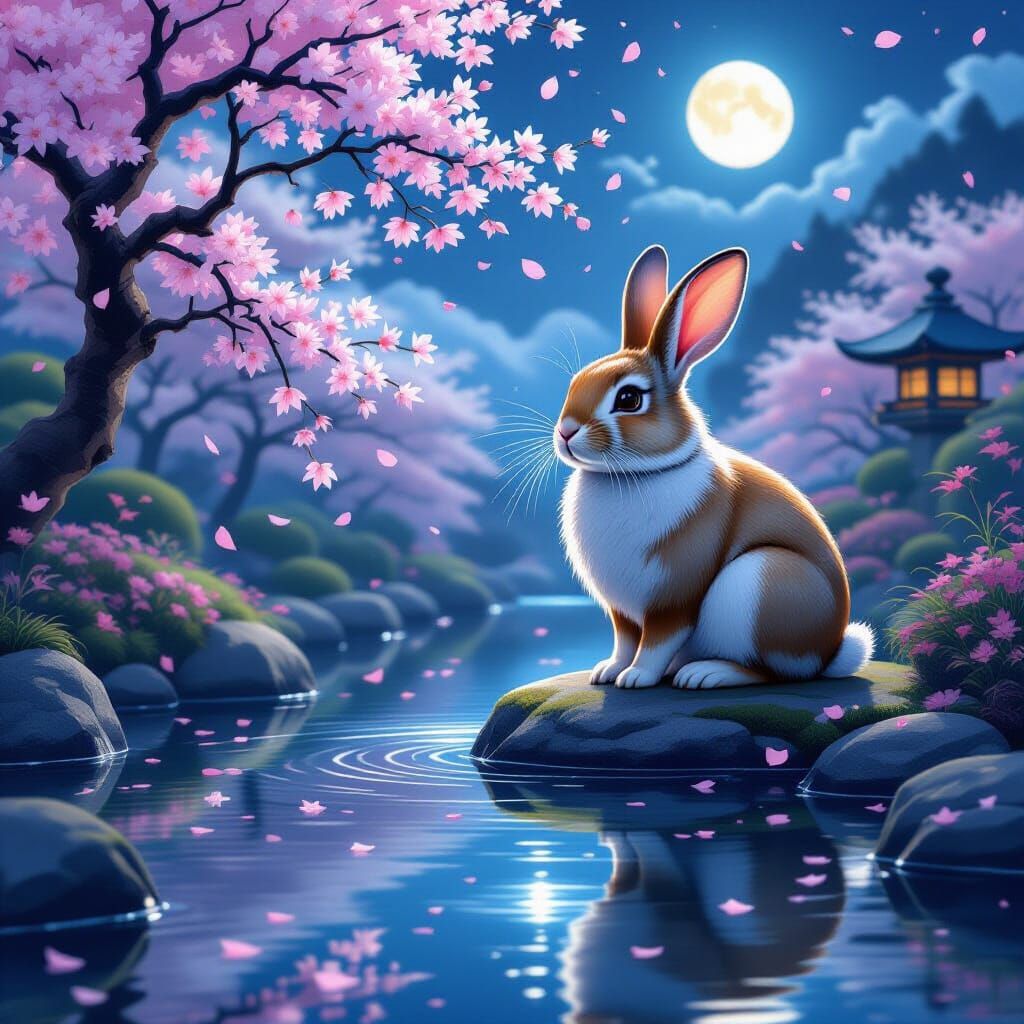 Majestic Rabbit in Moonlit Japanese Garden