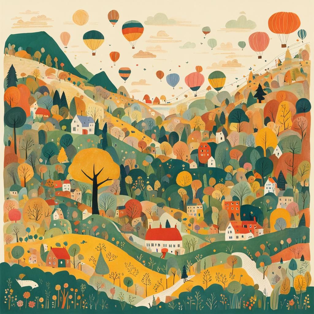 Minimalist Landscape in Naive Art Style with Balloons