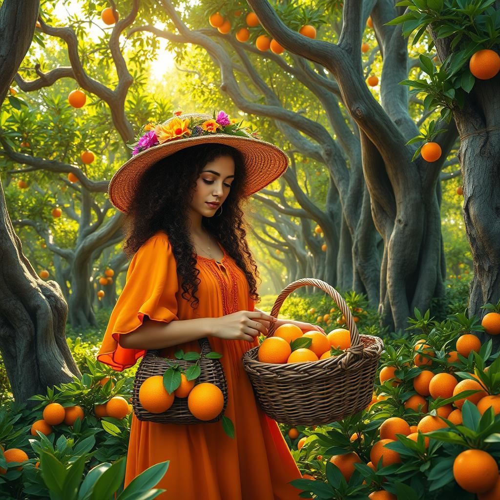 Whimsical Woman Forages for Oranges in Fantasy Grove