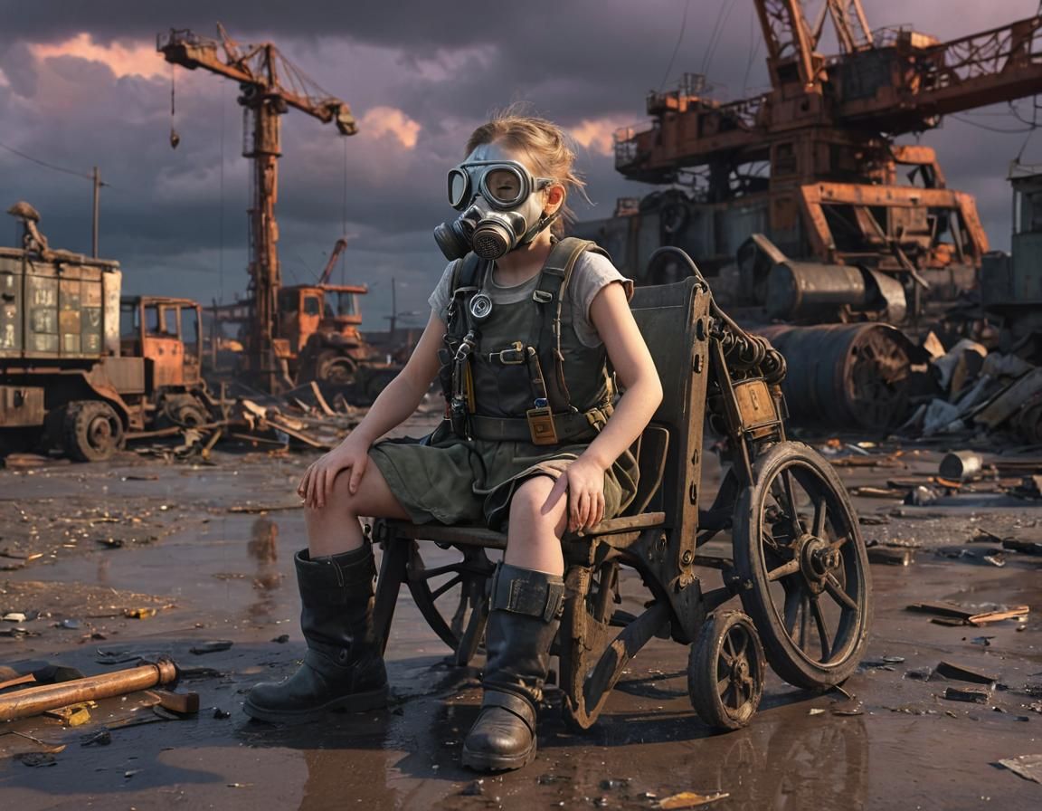 Grimdark Dieselpunk Port Scene with Girl in Mask