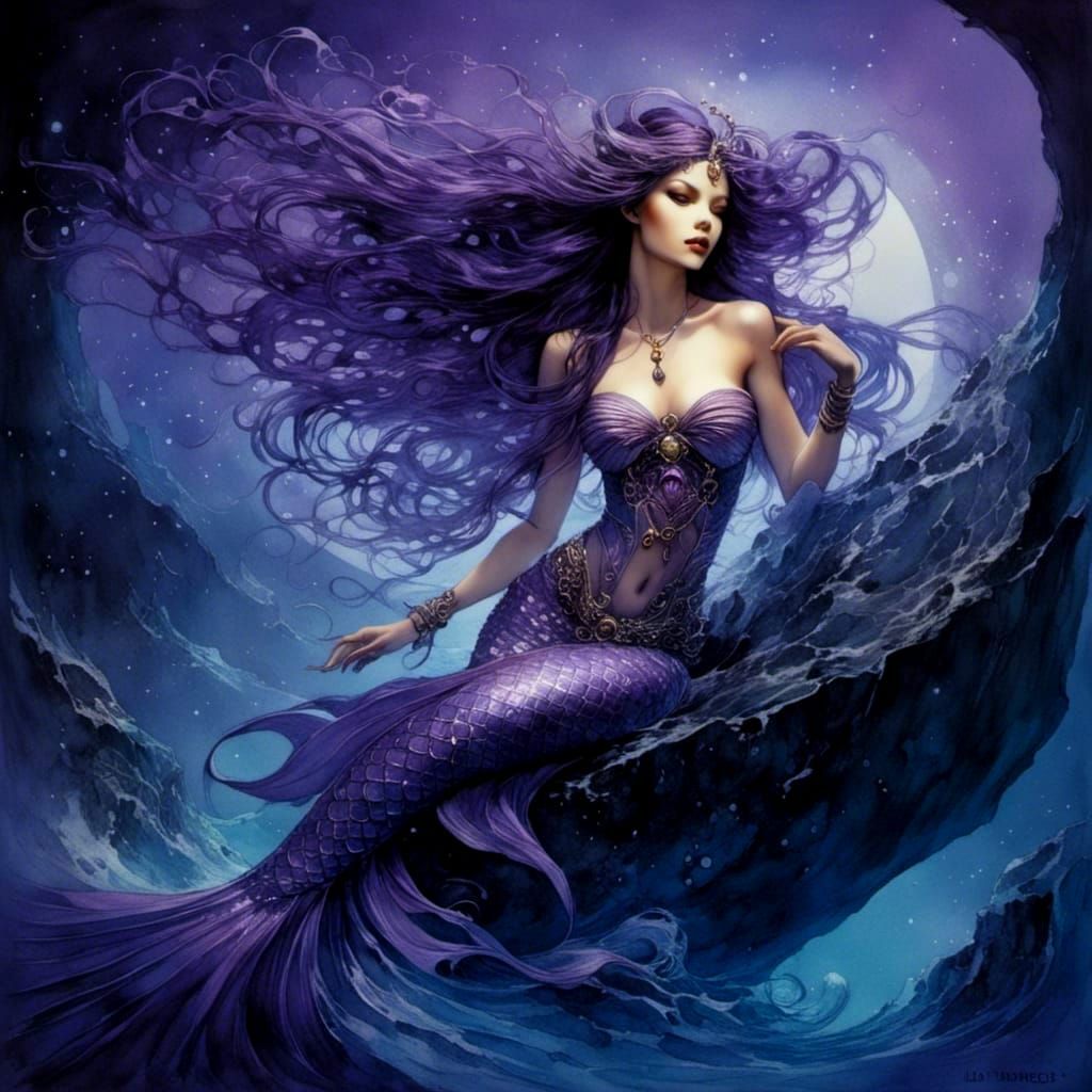 Purple Mermaid in Romantic Watercolor Style