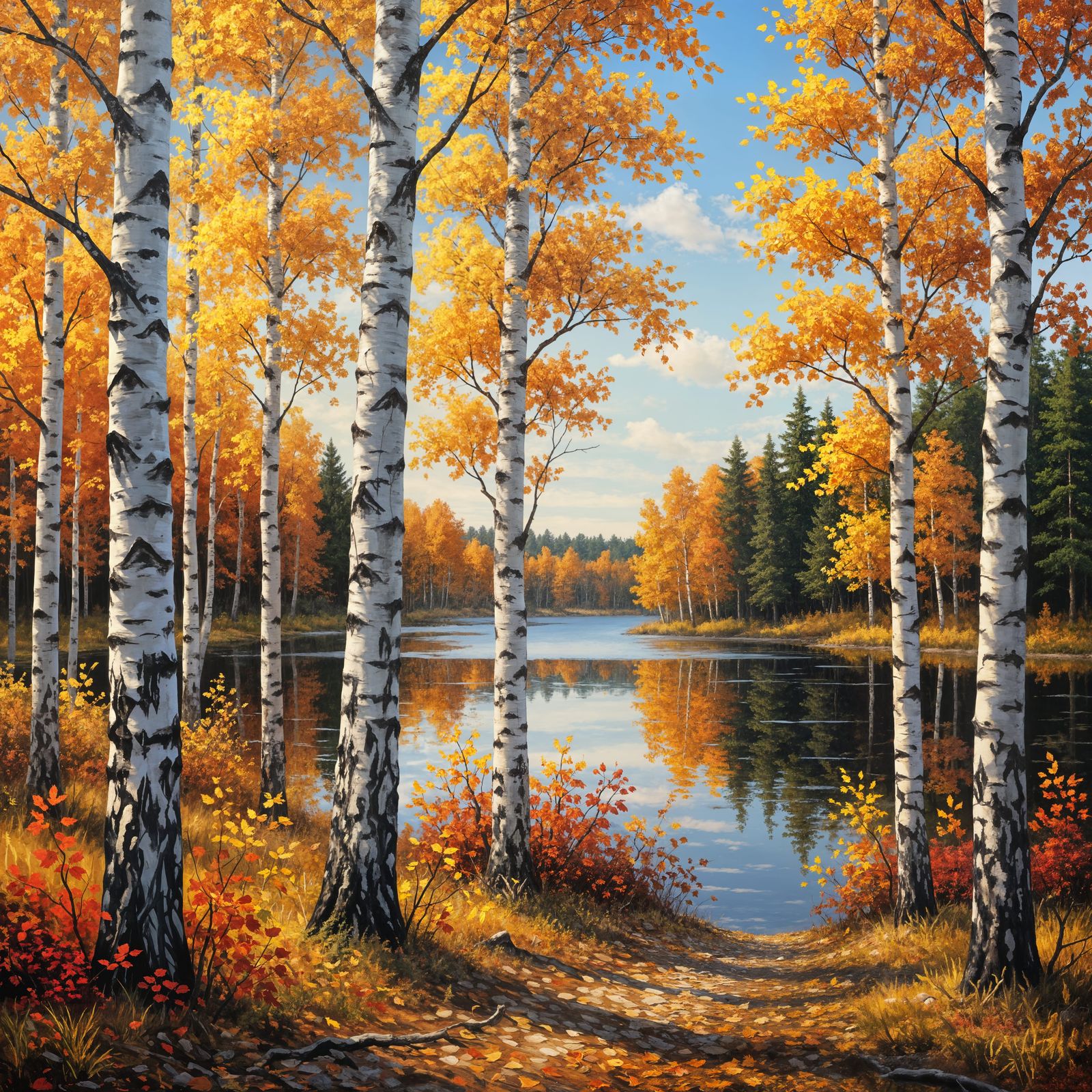 Vibrant Autumn Birch Forest Scene with Reflecting Lake