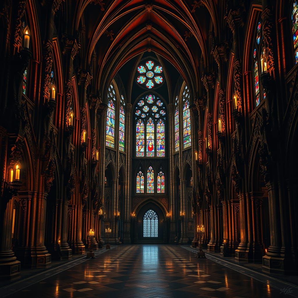 Gothic Cathedral Interior in Biomechanical Macabre Style