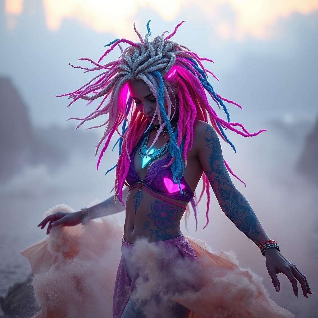 Neon Dreadlocks Girl Dancing in Dreamy Beachscape