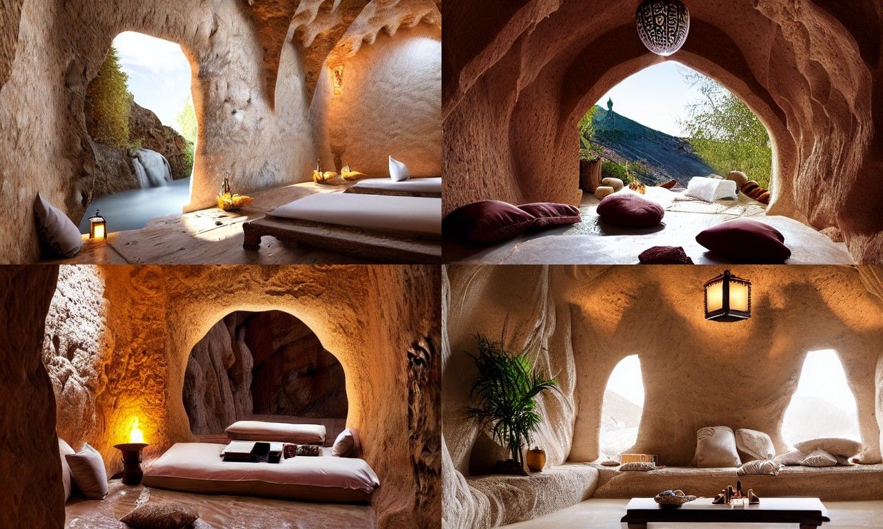 Mountain Interior with Stream and Moroccan Lanterns