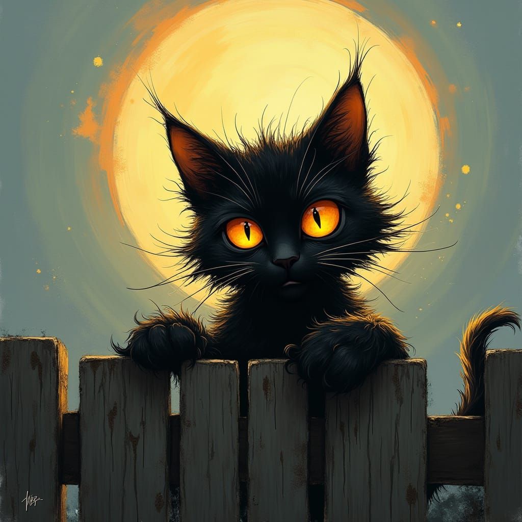 Mischievous Kitten with Glowing Eyes, Expressive Ink Art