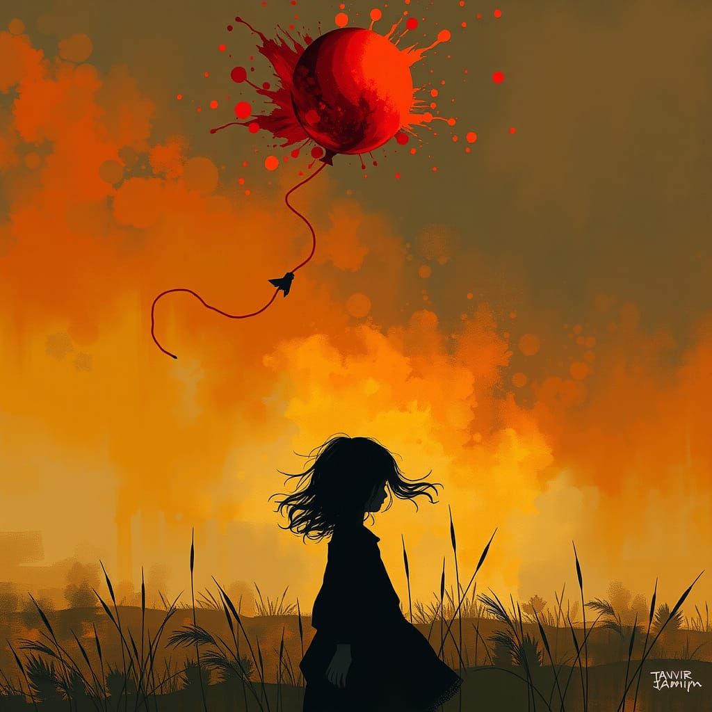 Girl with Red Balloon in Windswept Field