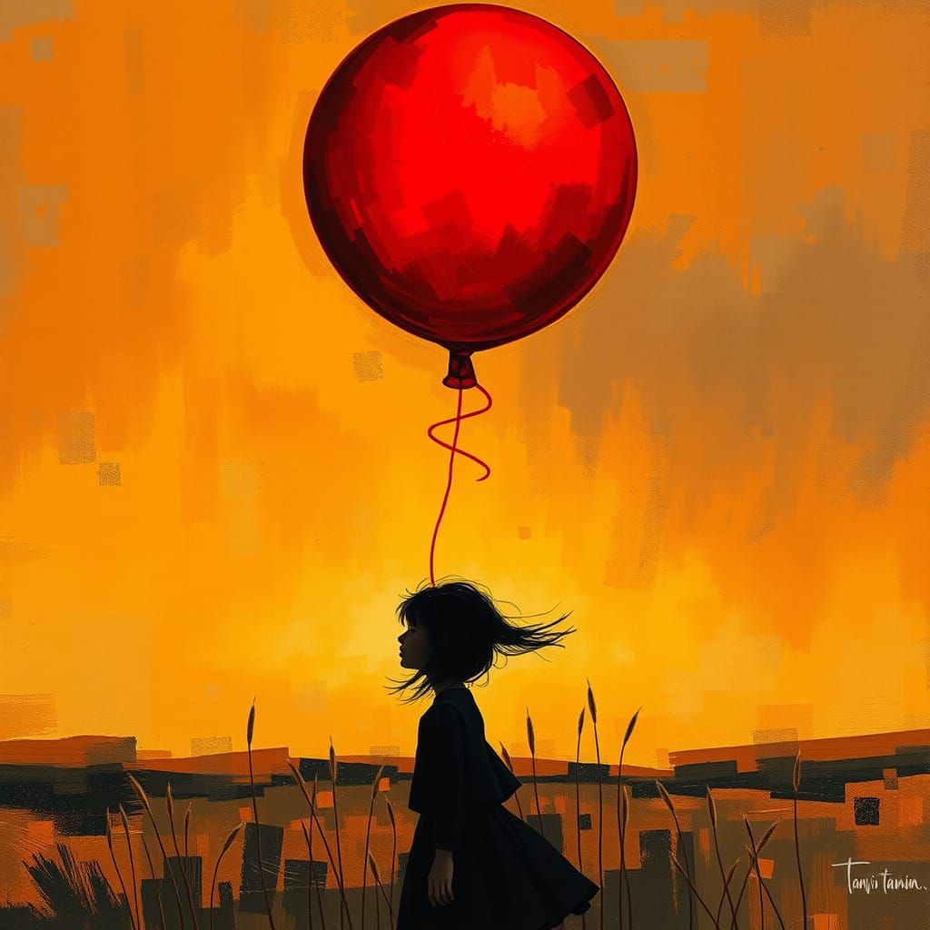 Girl Gazing at Red Balloon in Rothko-Chagall Style