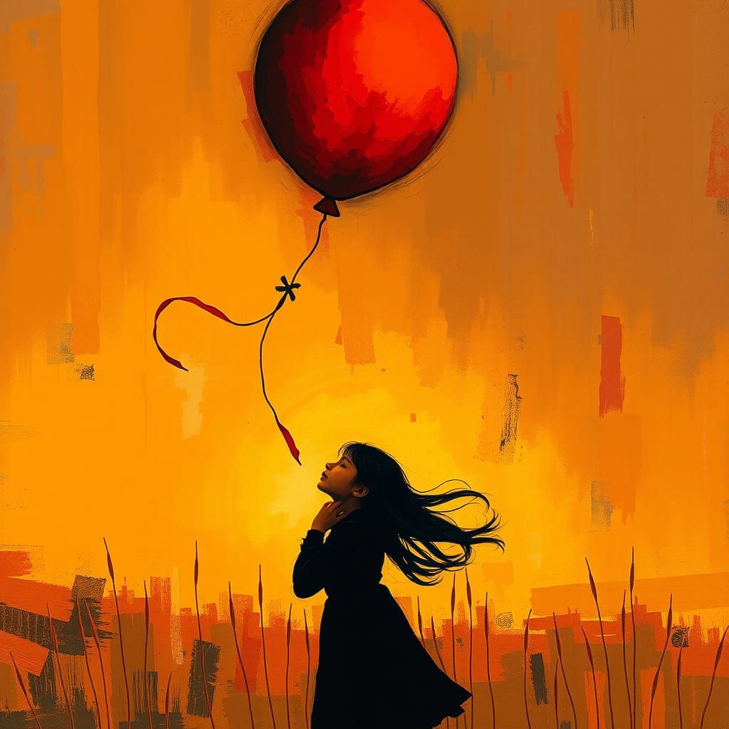Girl Gazing at Red Balloon in Expressionist Style