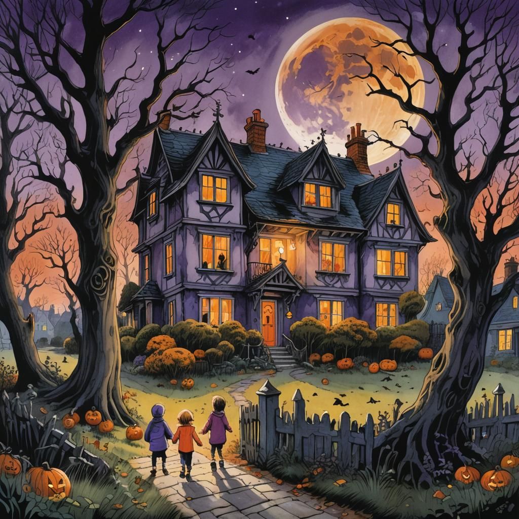 Eerie Halloween House: Illustration in Roald Dahl Style