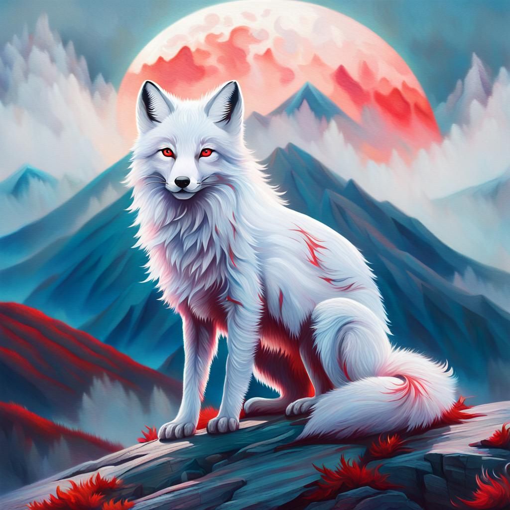 Mystical Nine-Tailed Fox on Misty Mountain Peak