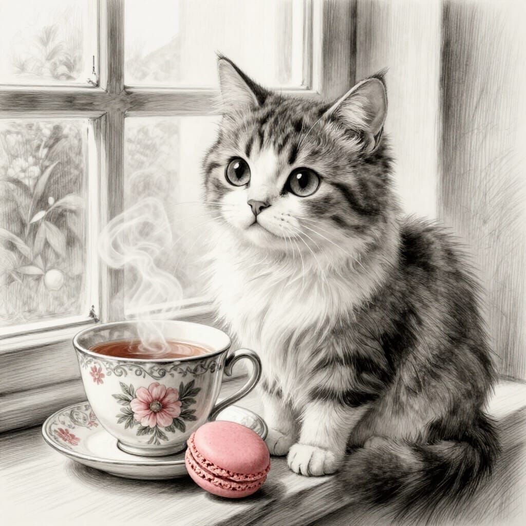 Cat Contemplating Tea and Macaroon in Charcoal Style