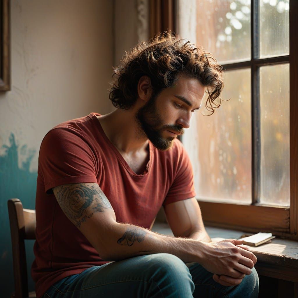 Man Contemplating by Window in Vermeer Style