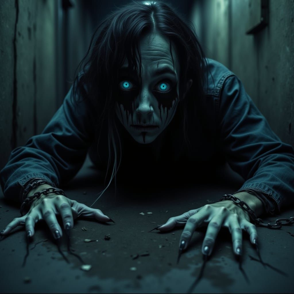 Eerie Man Crawling in Chains with Blue Eyes