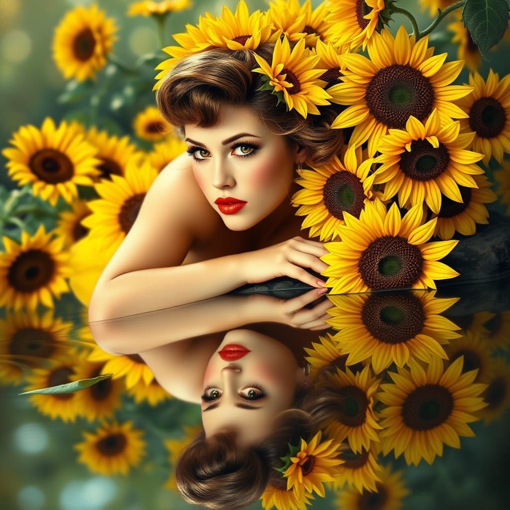 Sunflower Pin-up Beauty in Whimsical Landscape