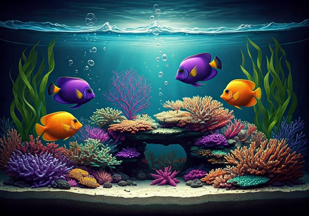 Vibrant Tropical Fish in Hyperrealistic Aquarium Art