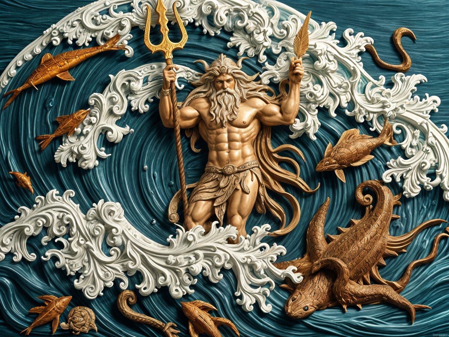 Poseidon: Art Deco Wood Carving of Sea God
