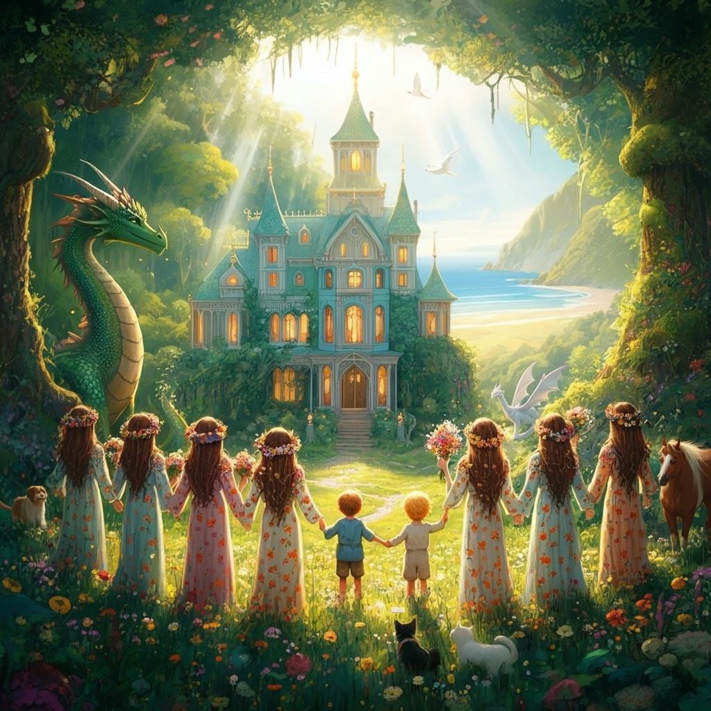 Sisters Celebrate in a Vibrant Meadow, Gazing at a Grand Vic...