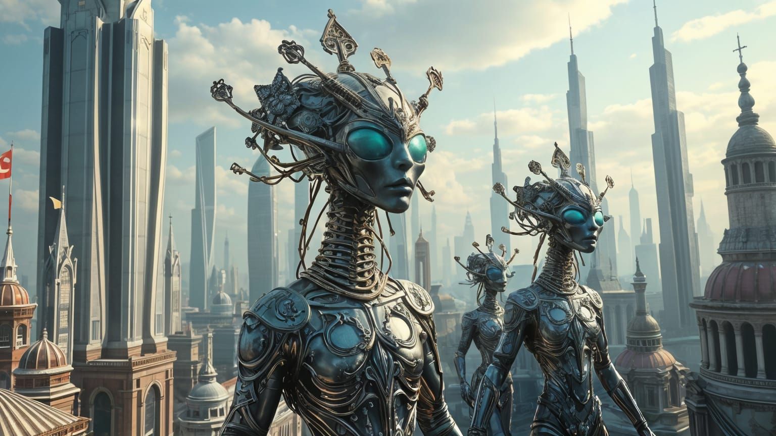 Alien Cityscape with Metallic Lifeforms in Photorealism