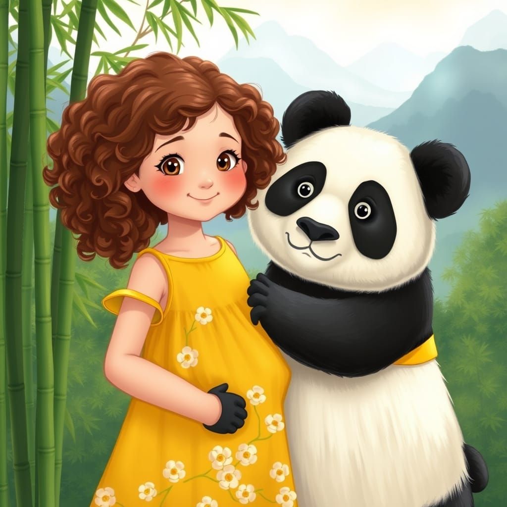 Girl in Whimsical Bamboo Forest with Gentle Panda
