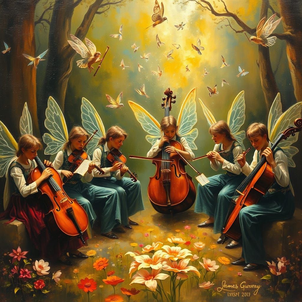 Whimsical Orchestra of Fairies in a Charming Oil Painting
