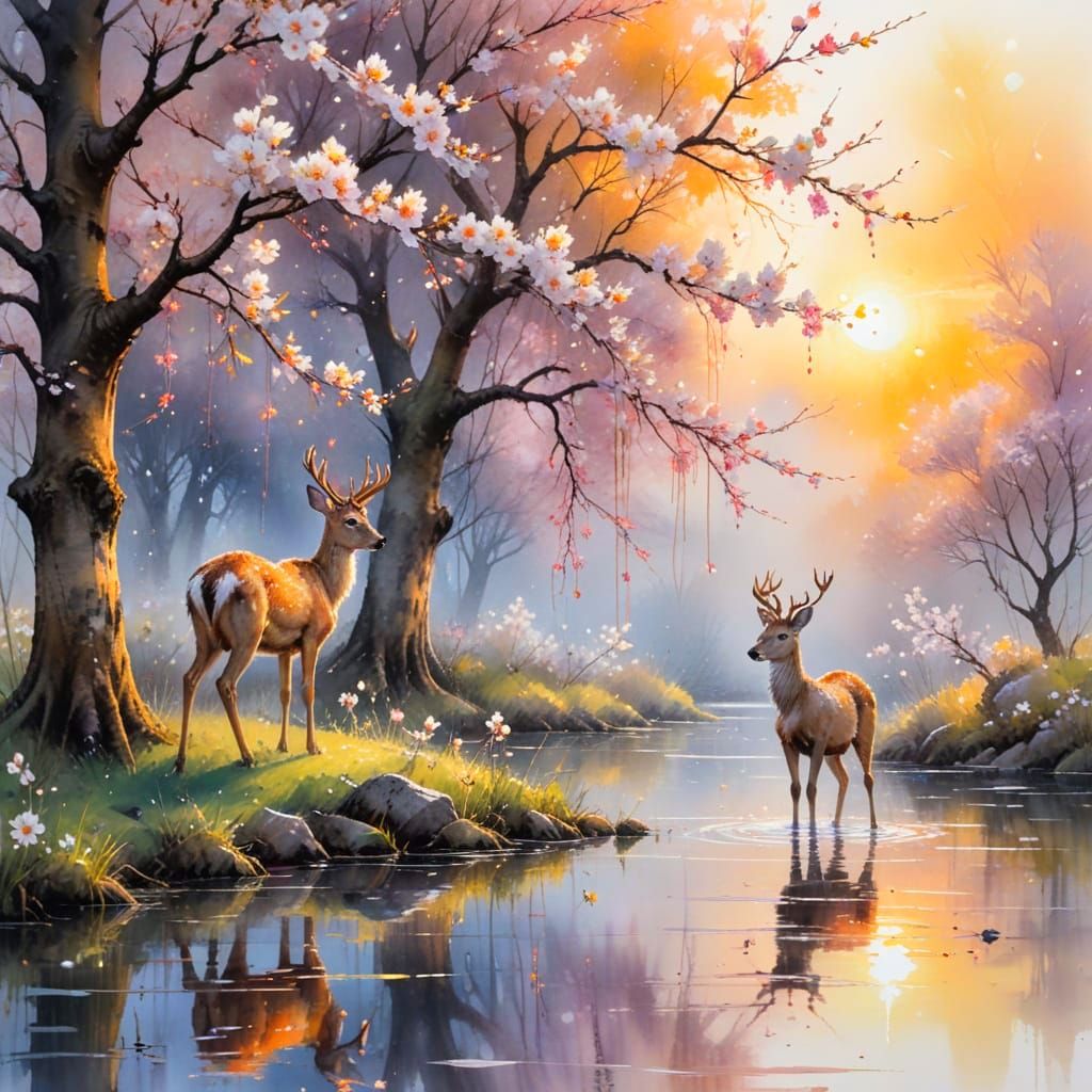 Deer Under Cherry Blossoms at Sunset