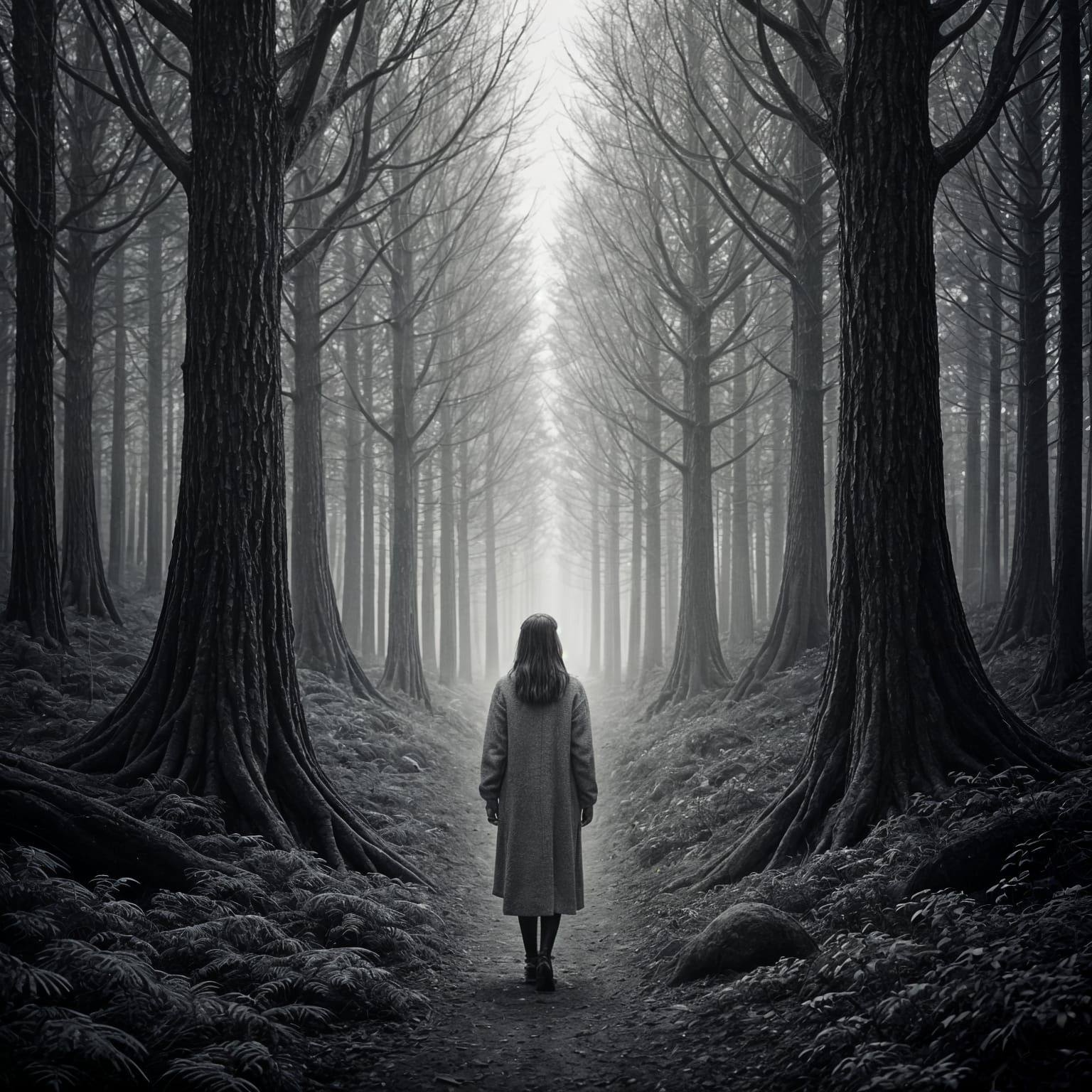 Hyperrealistic Photo of Woman Walking in Woods