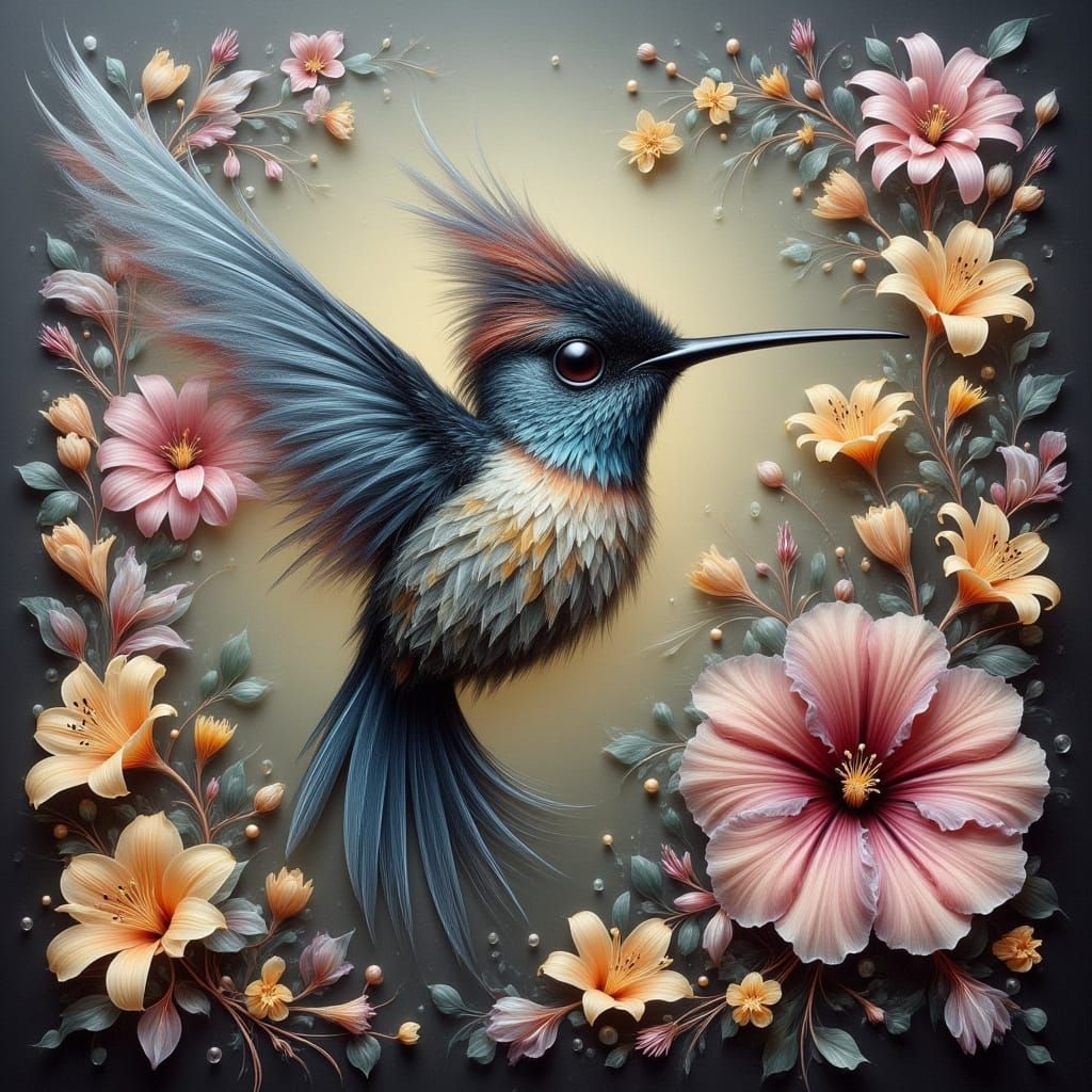 Ethereal Silver Hummingbird Among Golden Blossoms