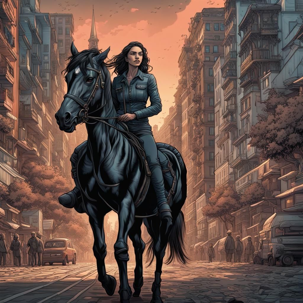 Woman on Horse in City, Hyperrealistic Illustration