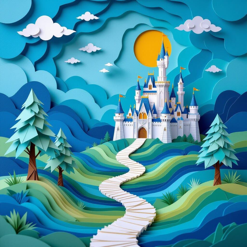 Intricate Paper Art Fantasy Landscape with Origami Castle