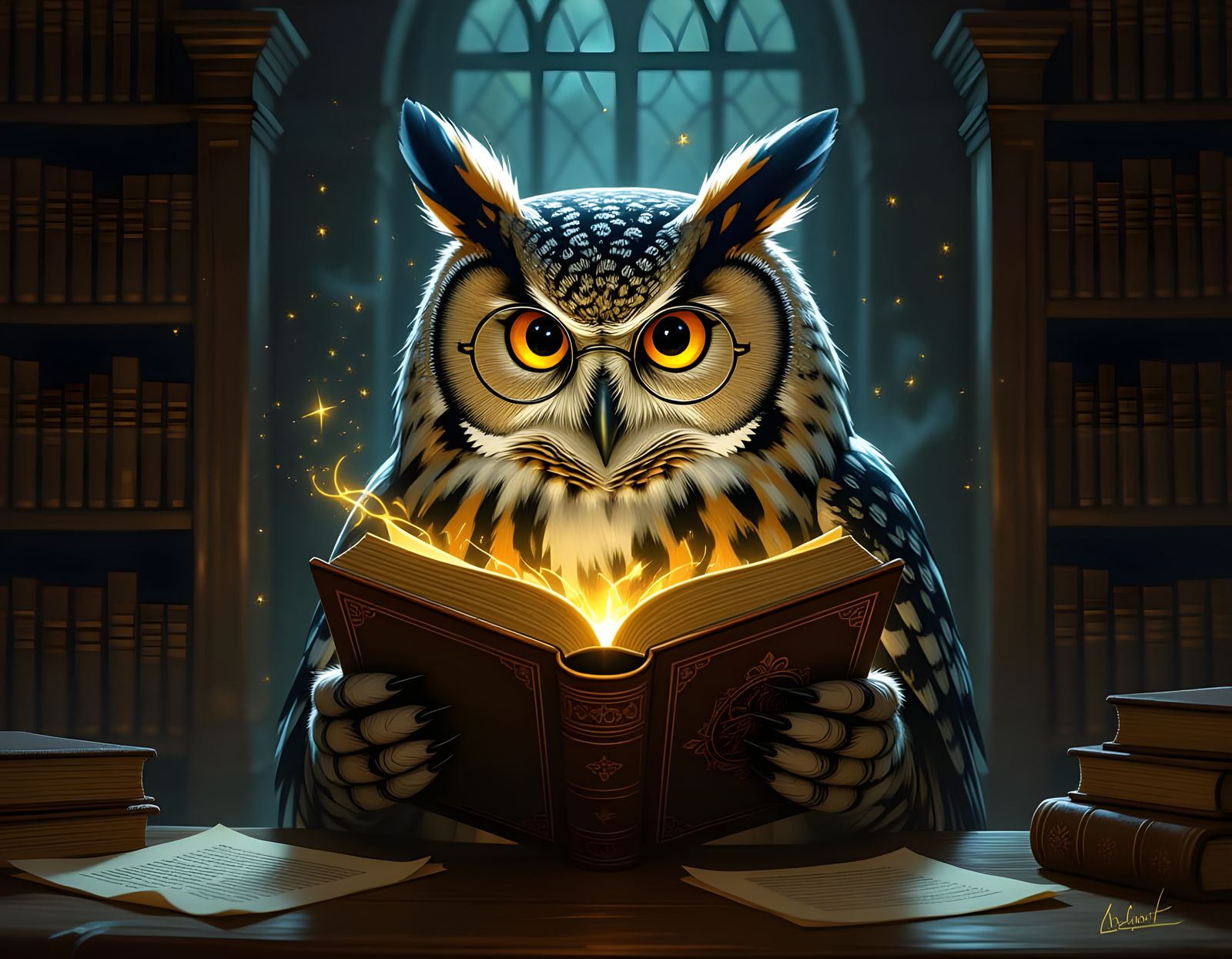 Wise Owl Reads Glowing Tome in Magical Realism Library