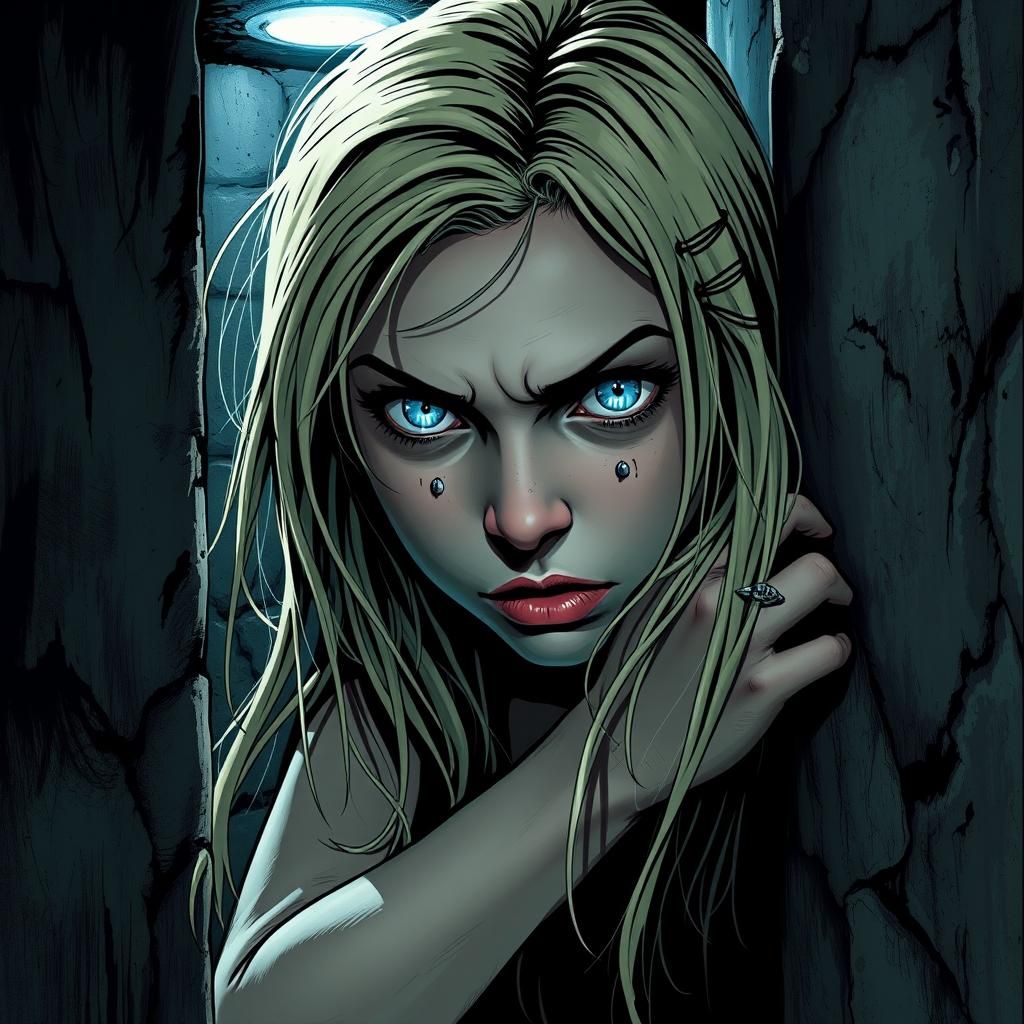 Haunting Noir: Fearful Girl in Dimly Lit Basement